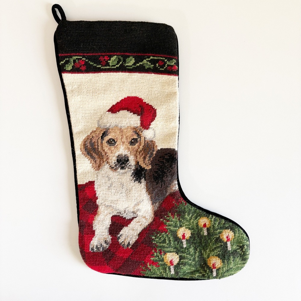 Beagle Dog Christmas Santa Hat Needlepoint Wool Canvas Holiday Stocking 17"